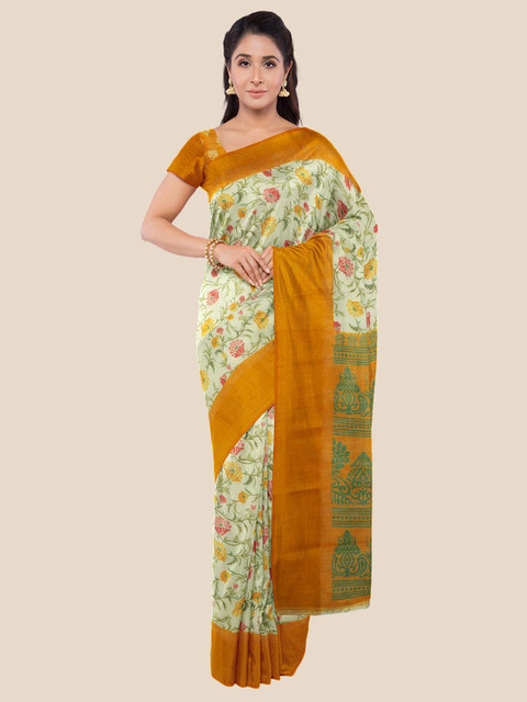 

Kalamandir Green & Mustard Floral Zari Silk Blend Saree