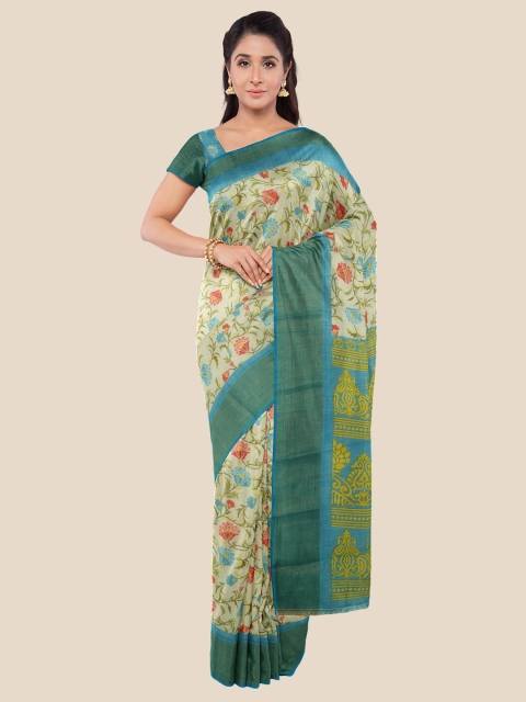 

Kalamandir Cream-Coloured & Green Floral Silk Blend Saree