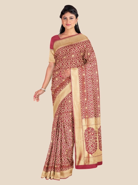 

Kalamandir Maroon & Gold-Toned Woven Design Zari Silk Blend Banarasi Saree