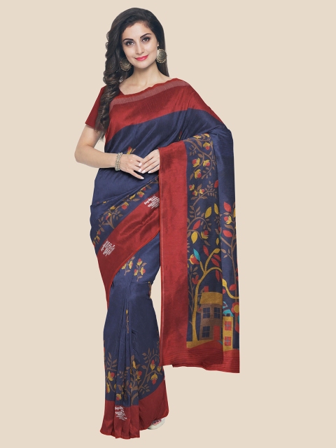 

Kalamandir Navy Blue & Maroon Ethnic Motifs Silk Blend Banarasi Saree