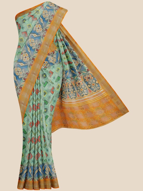 

Kalamandir Sea Green & Blue Floral Printed Zari Silk Blend Banarasi Saree