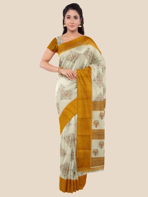

Kalamandir Cream-Coloured & Mustard Silk Blend Saree