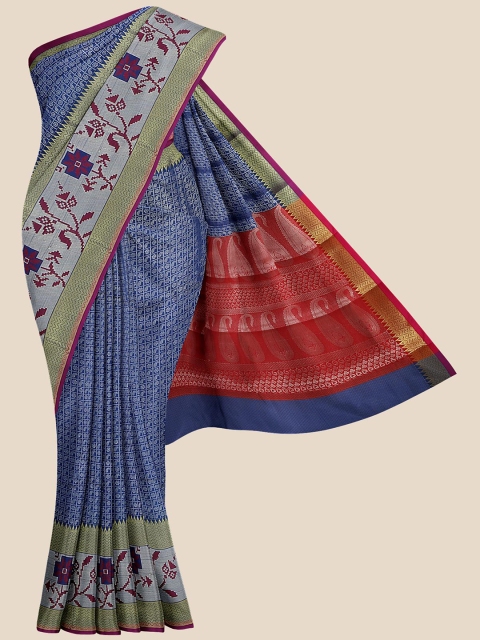 

Kalamandir Navy Blue & Red Woven Design Zari Silk Blend Banarasi Saree