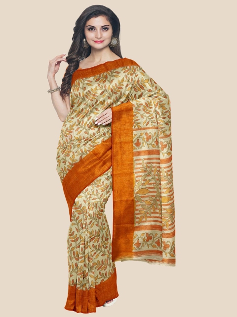 

Kalamandir Cream-Coloured & Orange Floral Zari Silk Blend Saree