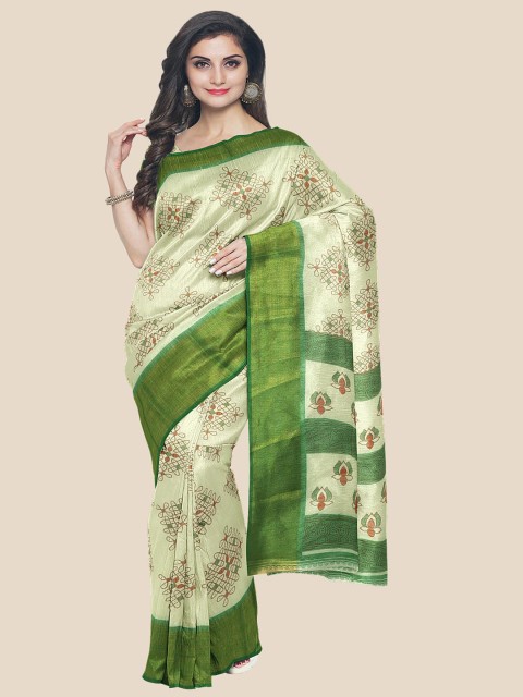 

Kalamandir Cream-Coloured & Green Ethnic Motifs Zari Silk Blend Saree