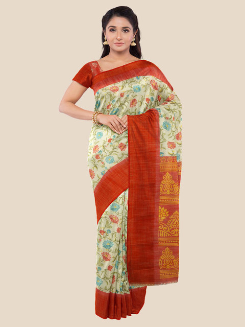 

Kalamandir Cream-Coloured & Red Floral Silk Blend Saree