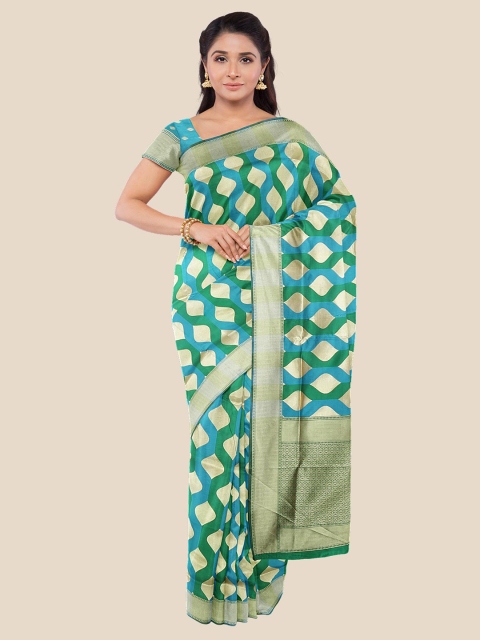 

Kalamandir Teal & Green Zari Silk Blend Banarasi Saree