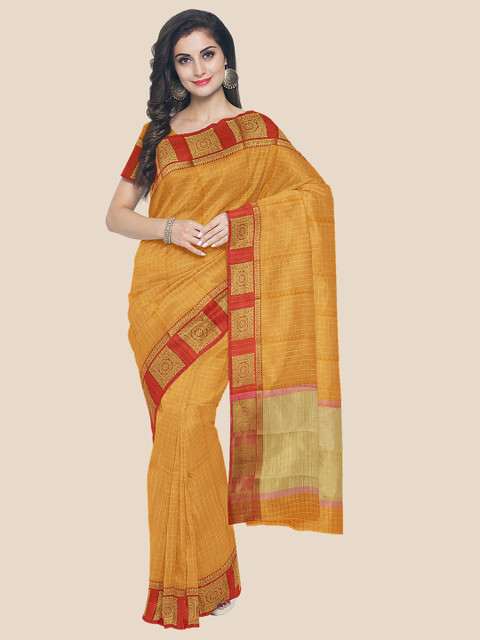

Kalamandir Mustard & Red Checked Zari Banarasi Saree