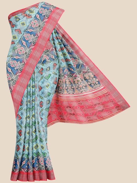 

Kalamandir Turquoise Blue & Red Ethnic Motifs Zari Silk Blend Banarasi Saree