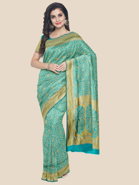 

Kalamandir Blue & Gold-Toned Ethnic Motifs Silk Blend Banarasi Saree