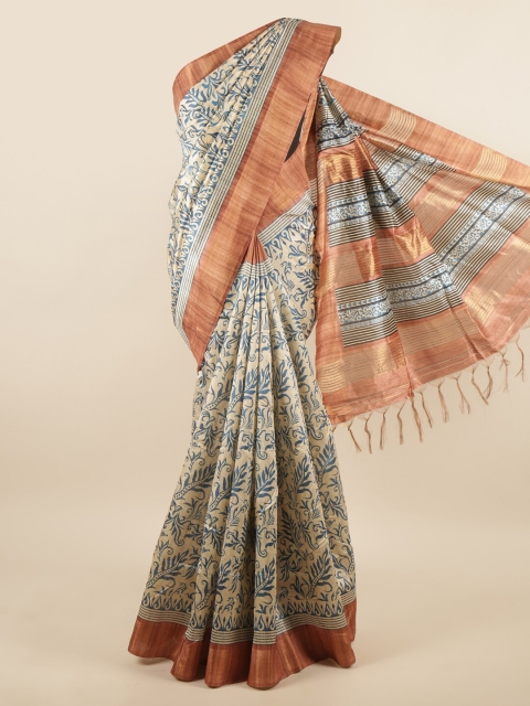 

Pothys Cream-Coloured & Blue Ethnic Motifs Zari Art Silk Saree