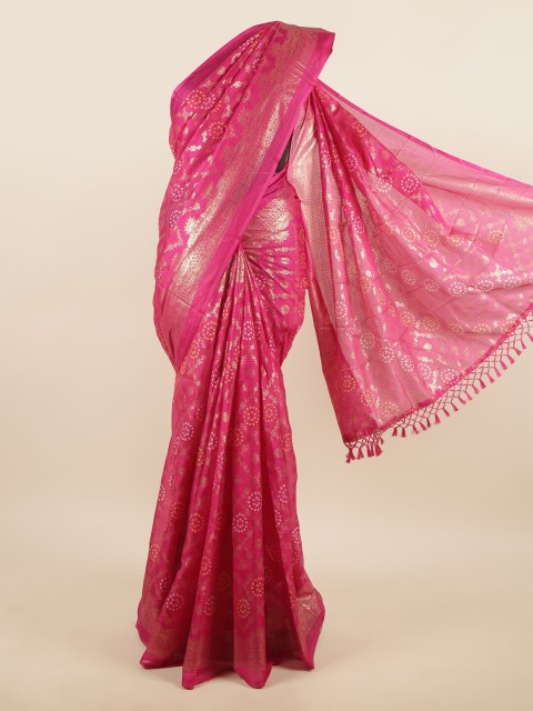

Pothys Pink & Gold-Toned Ethnic Motifs Zari Supernet Saree