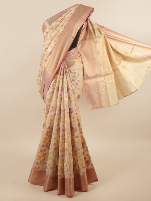 

Pothys Cream-Coloured & Orange Woven Design Zari Saree