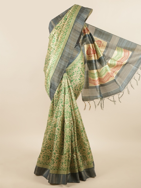 

Pothys Cream-Coloured & Green Floral Zari Art Silk Saree