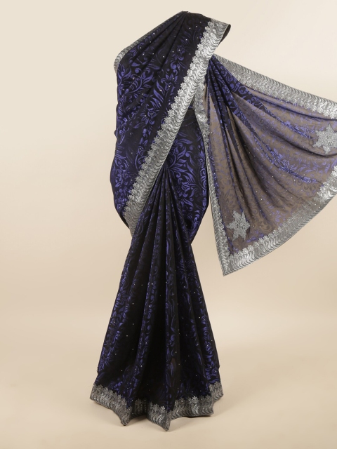 

Pothys Blue & Silver Floral Printed Embellished Border Net Saree