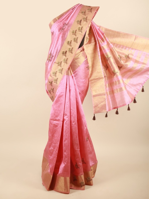 

Pothys Pink & Gold-Toned Floral Embroidered Cotton Blend Saree