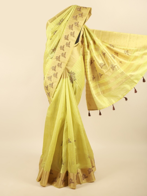 

Pothys Green & Gold-Toned Floral Beads and Stones Saree