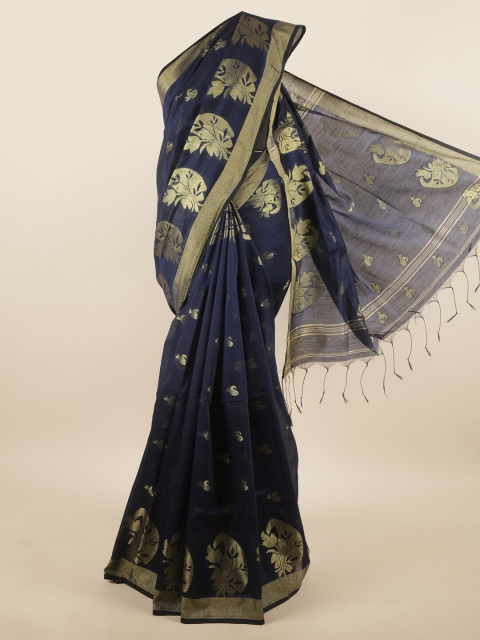 

Pothys Blue & Gold-Toned Ethnic Motifs Zari Jute Cotton Saree