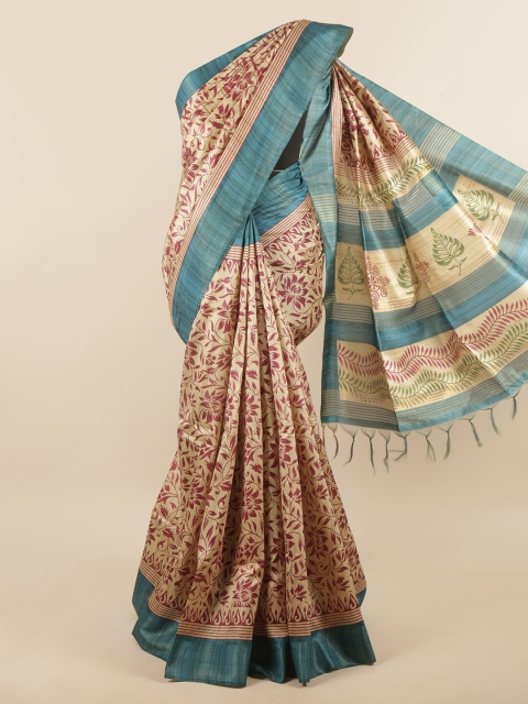 

Pothys Cream-Coloured & Blue Floral Art Silk Saree