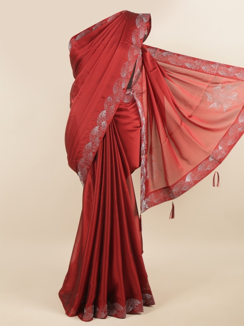 

Pothys Maroon & Silver Solid With Embellished Border Poly Chiffon Saree