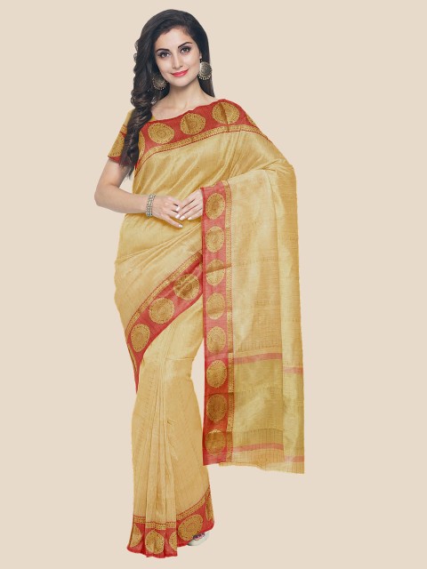 

Kalamandir Cream-Coloured & Red Woven Design Zari Banarasi Saree