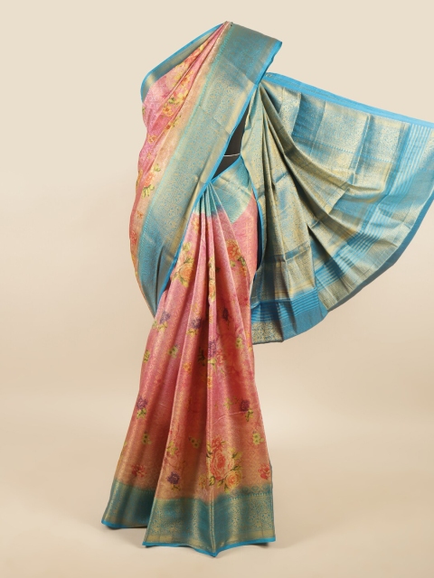 

Pothys Pink & Blue Digital Printed Floral Tissue Saree