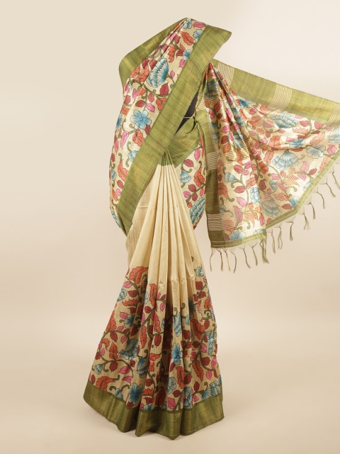 

Pothys Cream-Coloured & Green Floral Art Silk Saree