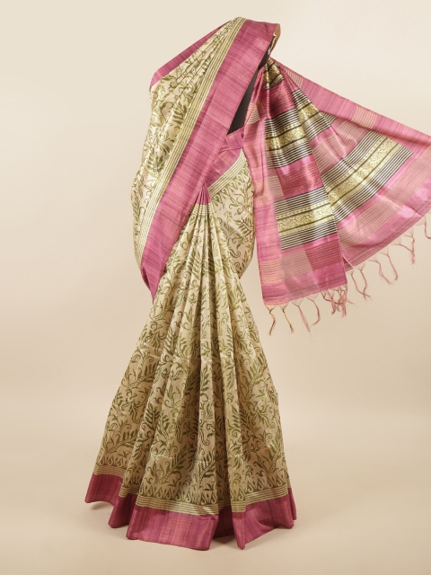 

Pothys Cream-Coloured & Pink Floral Art Silk Saree