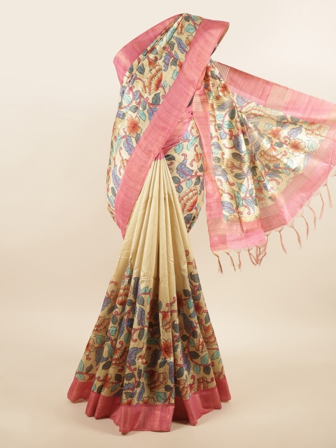 

Pothys Cream-Coloured & Pink Floral Art Silk Saree