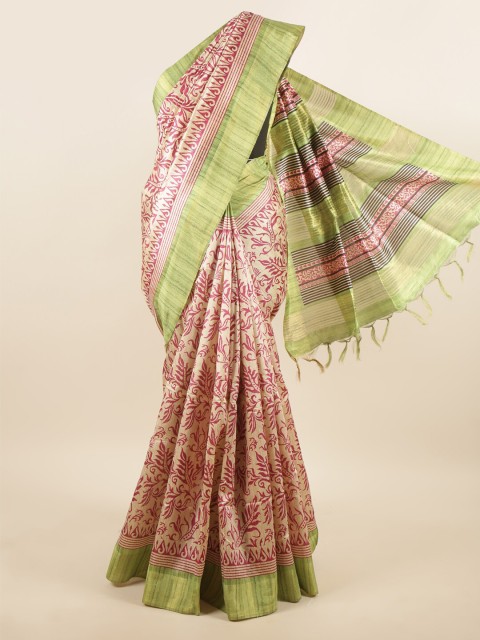 

Pothys Cream-Coloured & Green Floral Art Silk Saree