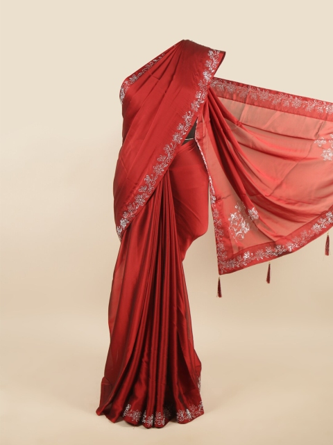 

Pothys Maroon & Silver Floral Beads and Stones Embellished Poly Chiffon Saree