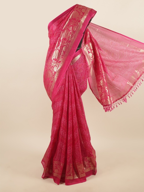 

Pothys Pink & Gold-Toned Bandhani Zari Supernet Saree