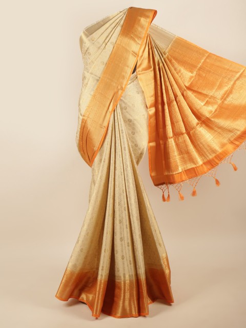 

Pothys Cream-Coloured & Orange Ethnic Motifs Zari Art Silk Saree