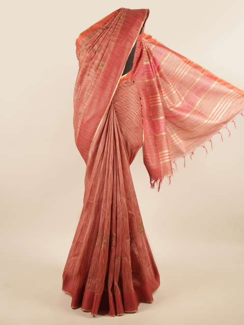 

Pothys Peach & Green Floral Embroidered Jute Cotton Saree