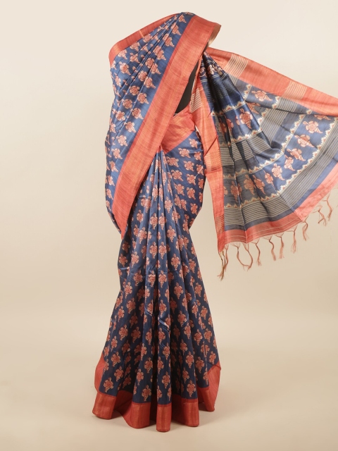 

Pothys Blue & Orange Floral Zari Art Silk Saree