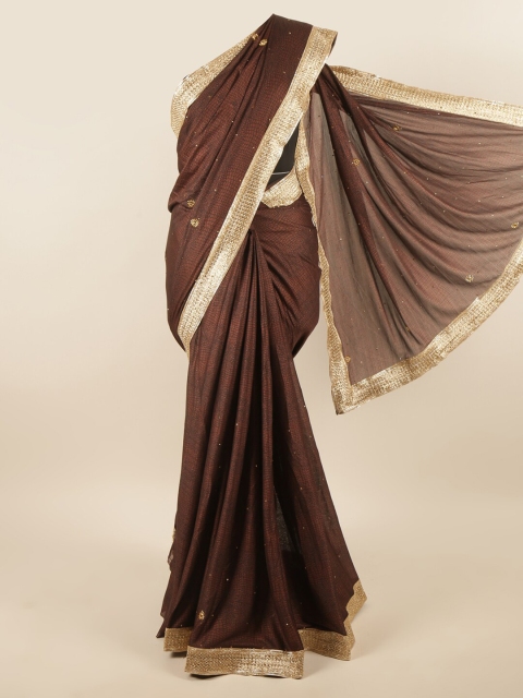 

Pothys Brown & Gold-Toned Embellished Beads and Stones Saree