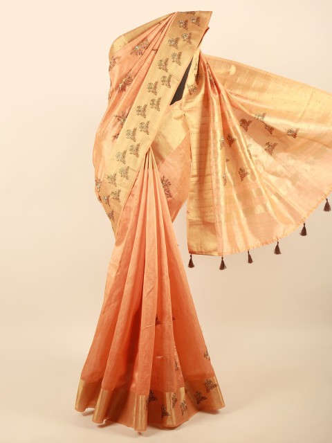 

Pothys Peach & Gold Embroidered Cotton Blend Saree