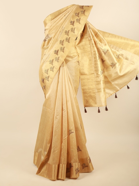 

Pothys Cream-Coloured & Brown Floral Beads and Stones Cotton Blend Saree
