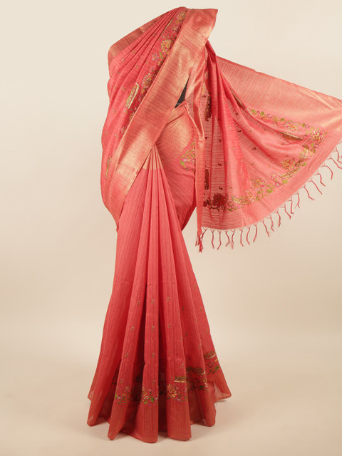 

Pothys Peach-Coloured & Gold-Toned Floral Embroidered Zari Jute Cotton Saree