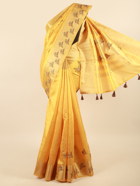 

Pothys Yellow & Gold-Toned Floral Embroidered Saree