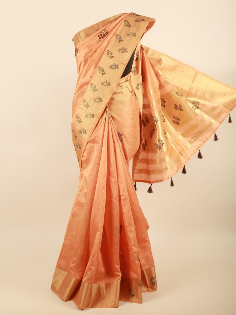 

Pothys Peach-Coloured & Gold-Toned Floral Embroidered Saree