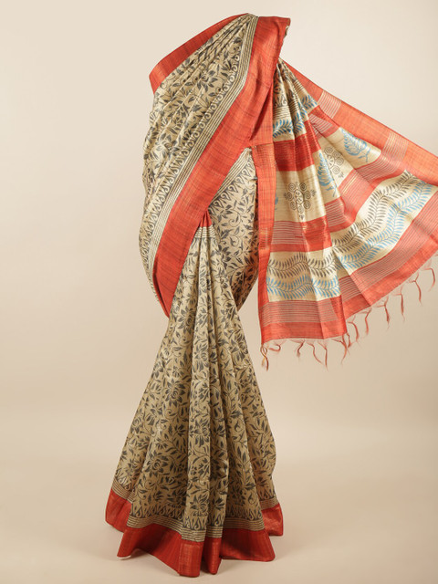 

Pothys Cream-Coloured & Orange Floral Art Silk Saree
