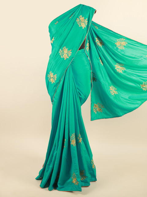 

Pothys Green & Gold-Toned Floral Beads and Stones Art Silk Saree
