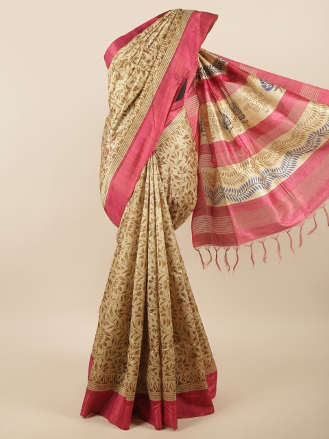 

Pothys Cream-Coloured & Fuchsia Floral Art Silk Saree