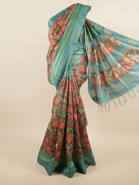 

Pothys Brown & Green Floral Printed Art Silk Saree