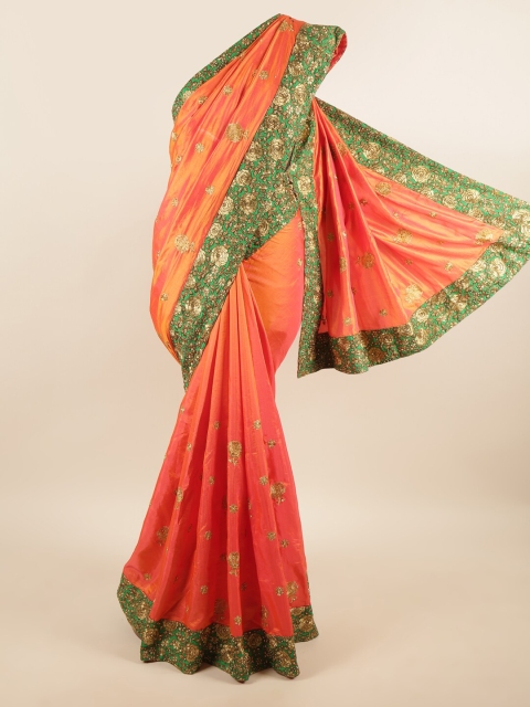 

Pothys Orange & Green Floral Embroidered Art Silk Saree