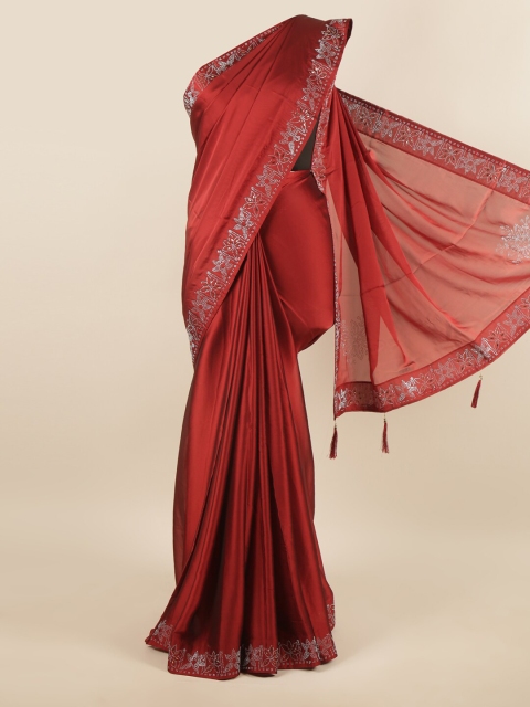 

Pothys Maroon & Silver-Toned Embellished Poly Chiffon Saree