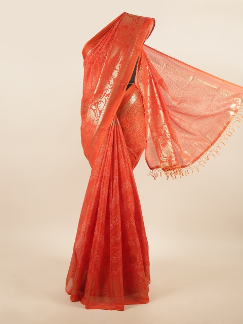 

Pothys Orange & Gold-Toned Woven Design Zari Supernet Saree