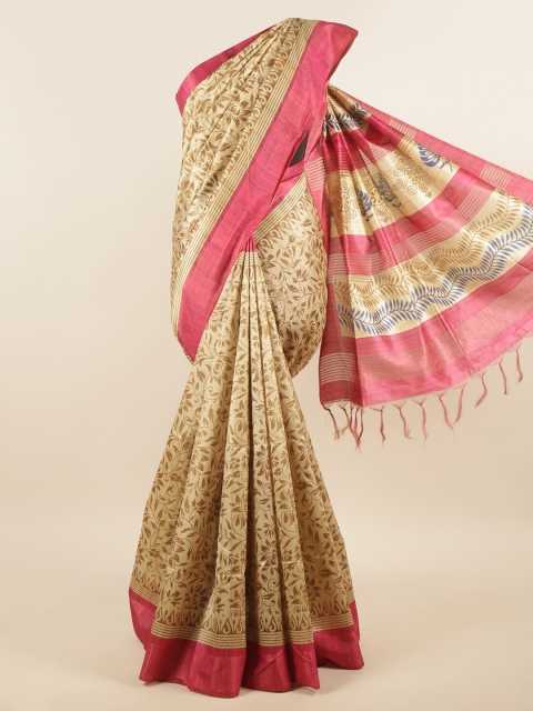 

Pothys Cream-Coloured & Pink Ethnic Motifs Art Silk Saree