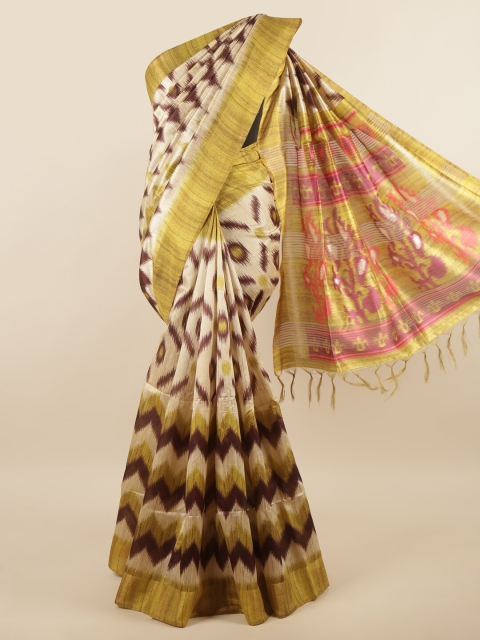 

Pothys Yellow & Brown Abstract Printed Art Silk Saree